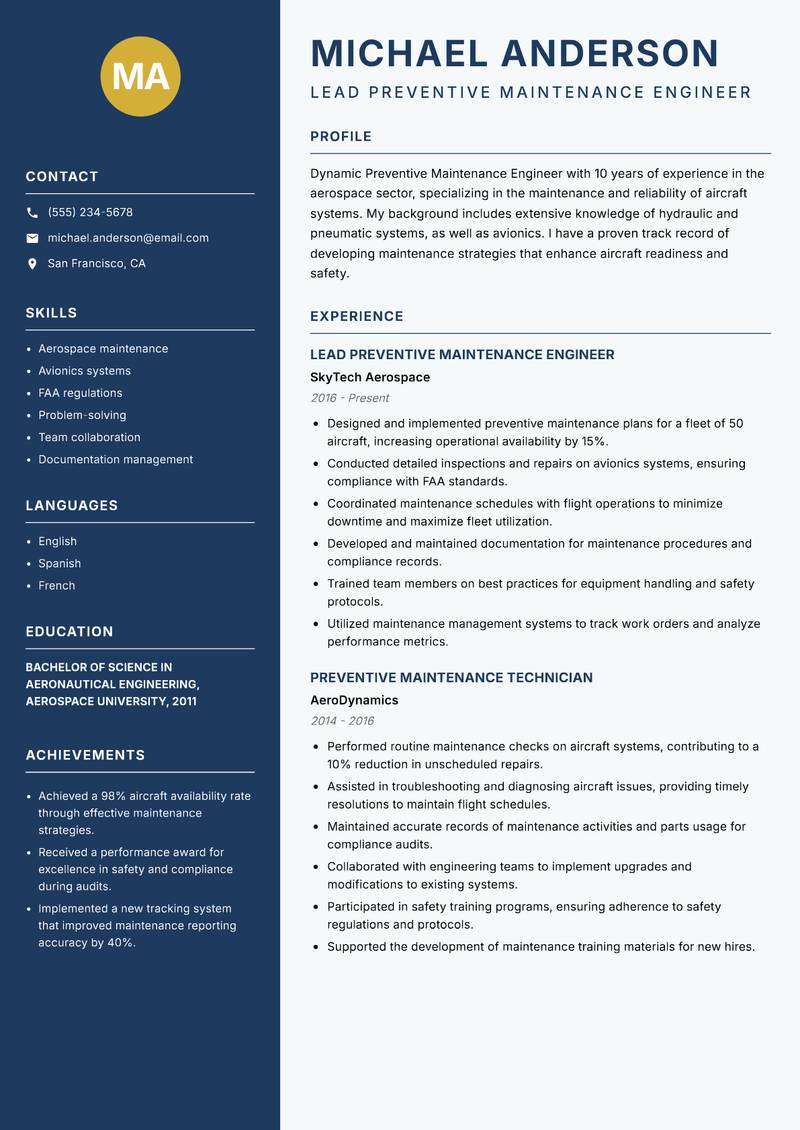 Preventive Maintenance Engineer resume template — Classic Clean