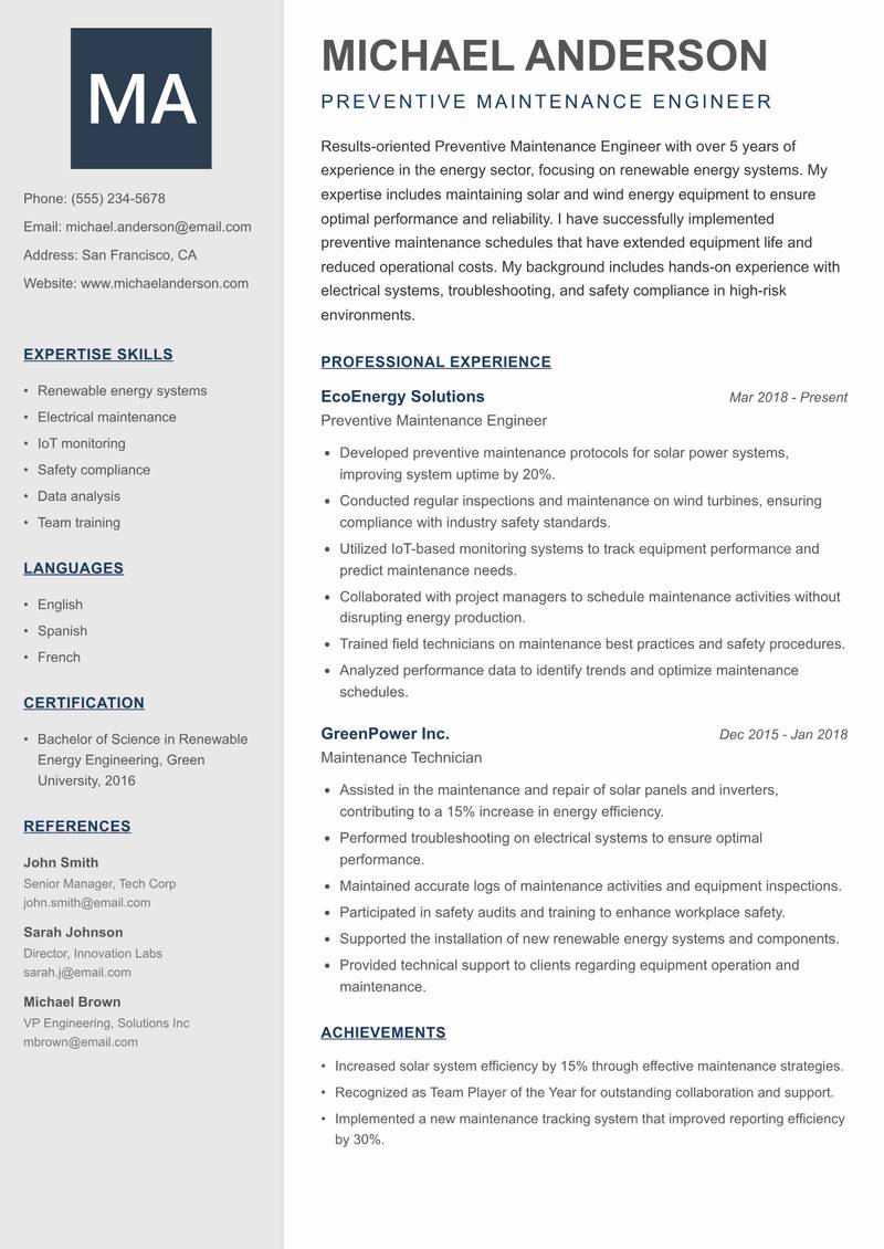 Preventive Maintenance Engineer resume template — Creative Minimal