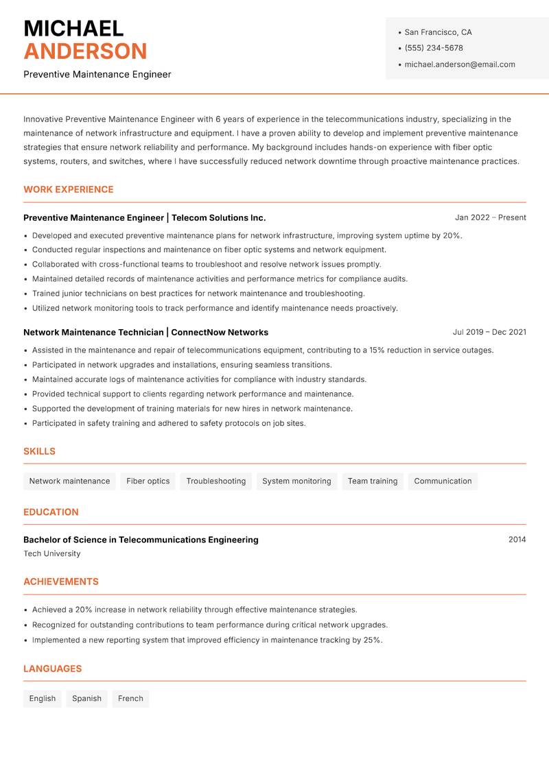 Preventive Maintenance Engineer resume template — Modern Professional