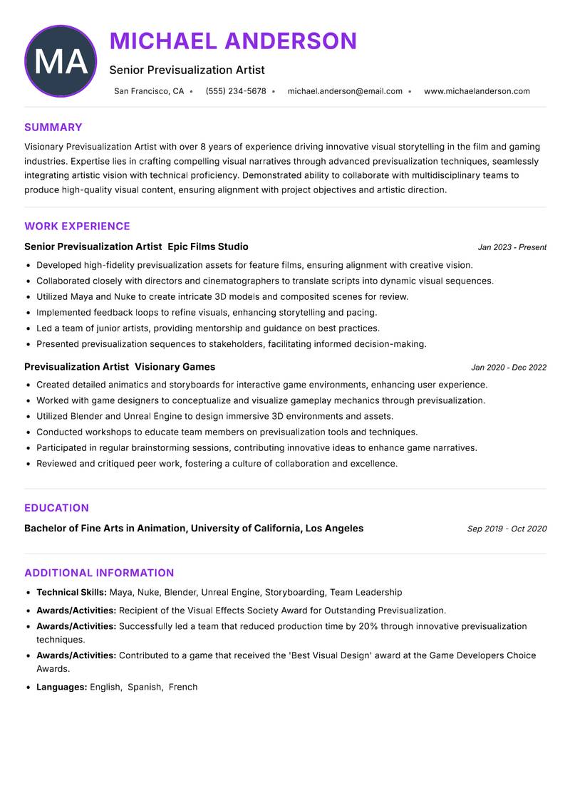Previsualization Artist resume example — ATS-friendly template
