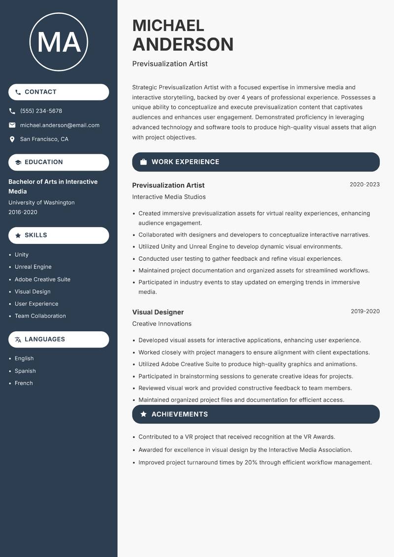 Previsualization Artist resume template — Compact