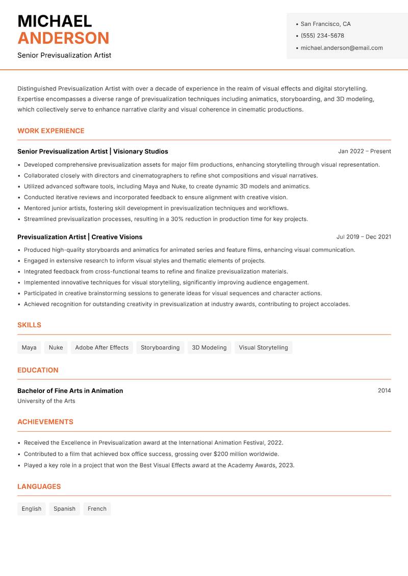Previsualization Artist resume template — Modern Professional