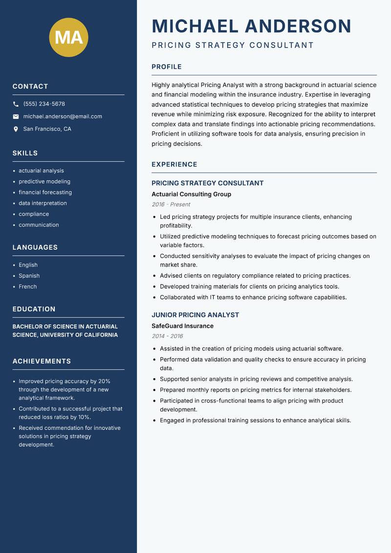 Pricing Analyst Insurance resume template — Classic Clean