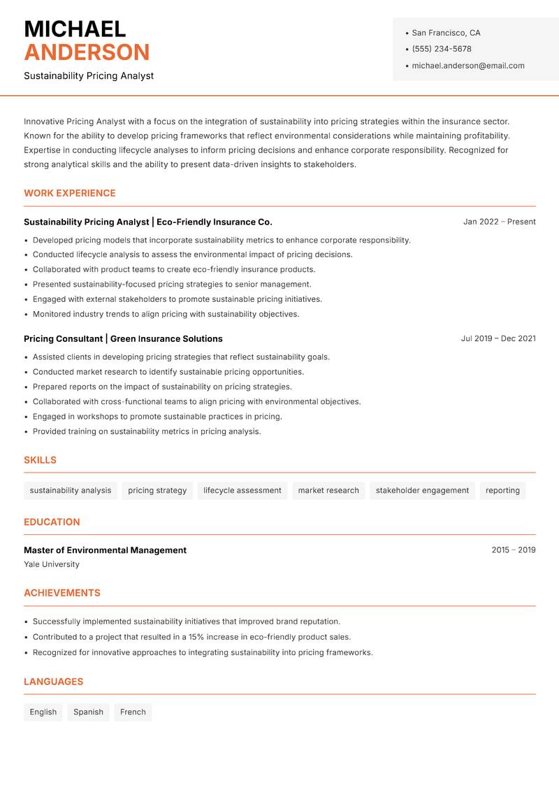 Pricing Analyst Insurance resume template — Modern Professional
