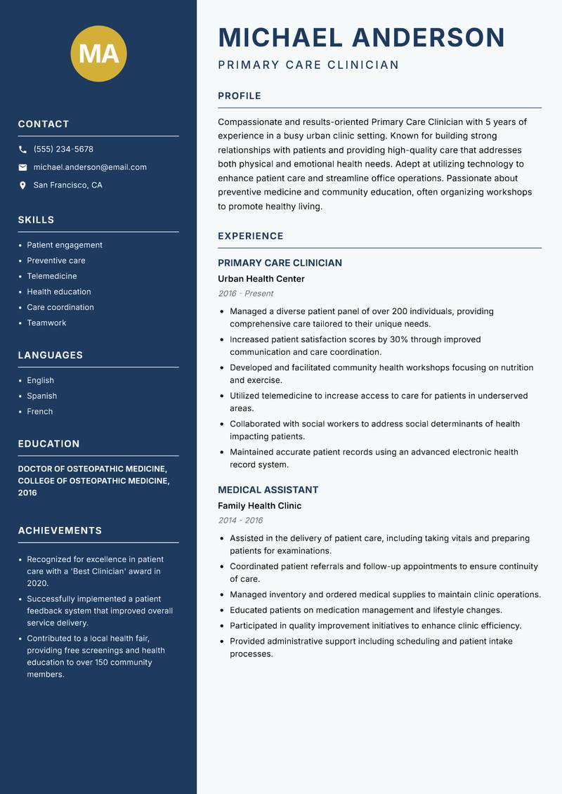 Primary Care Clinician resume template — Classic Clean