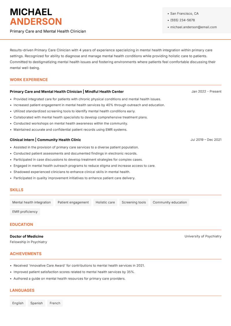 Primary Care Clinician resume template — Modern Professional