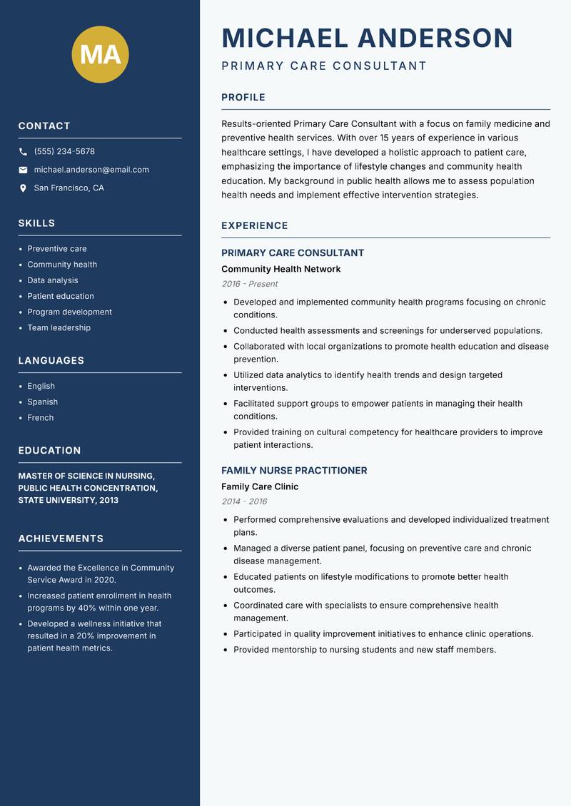 Primary Care Consultant resume template — Classic Clean
