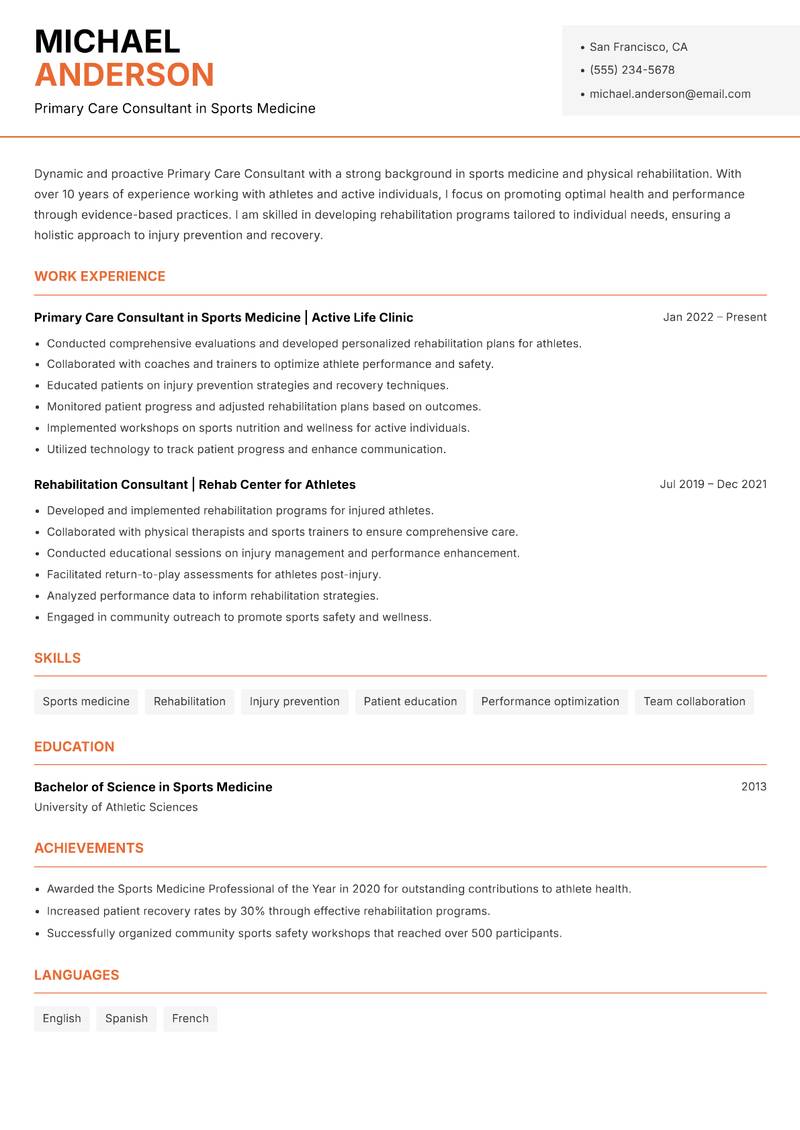 Primary Care Consultant resume template — Modern Professional