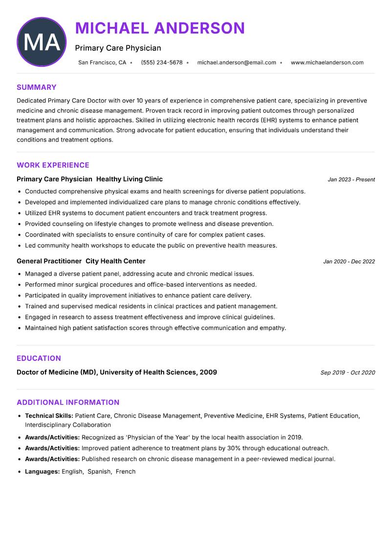 Primary Care Doctor resume example — ATS-friendly template