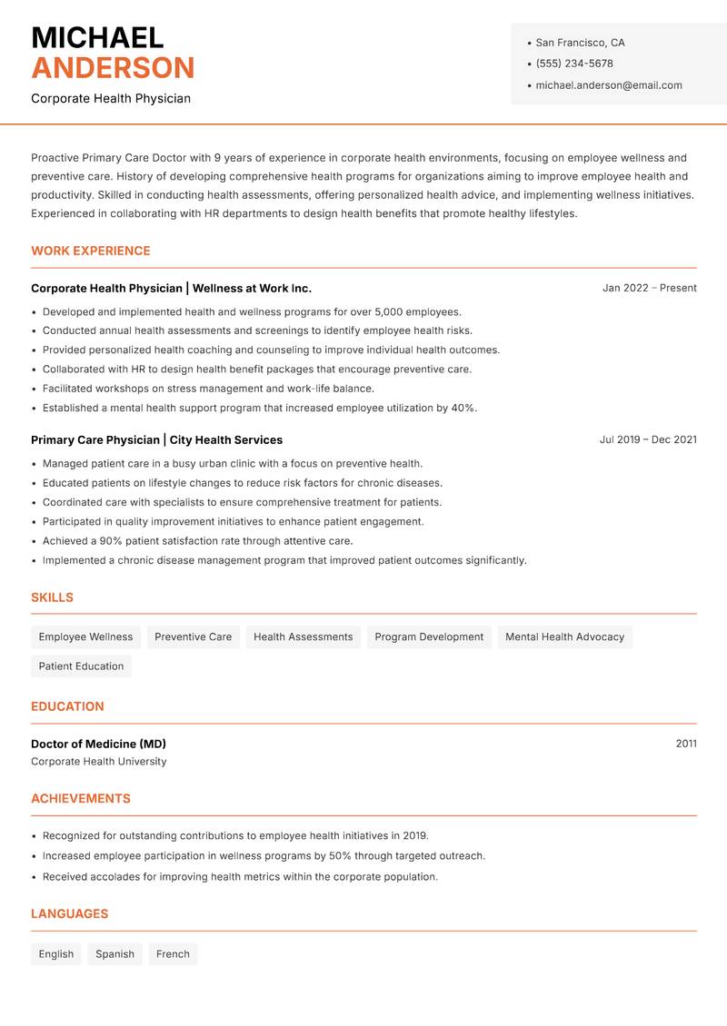 Primary Care Doctor resume template — Modern Professional