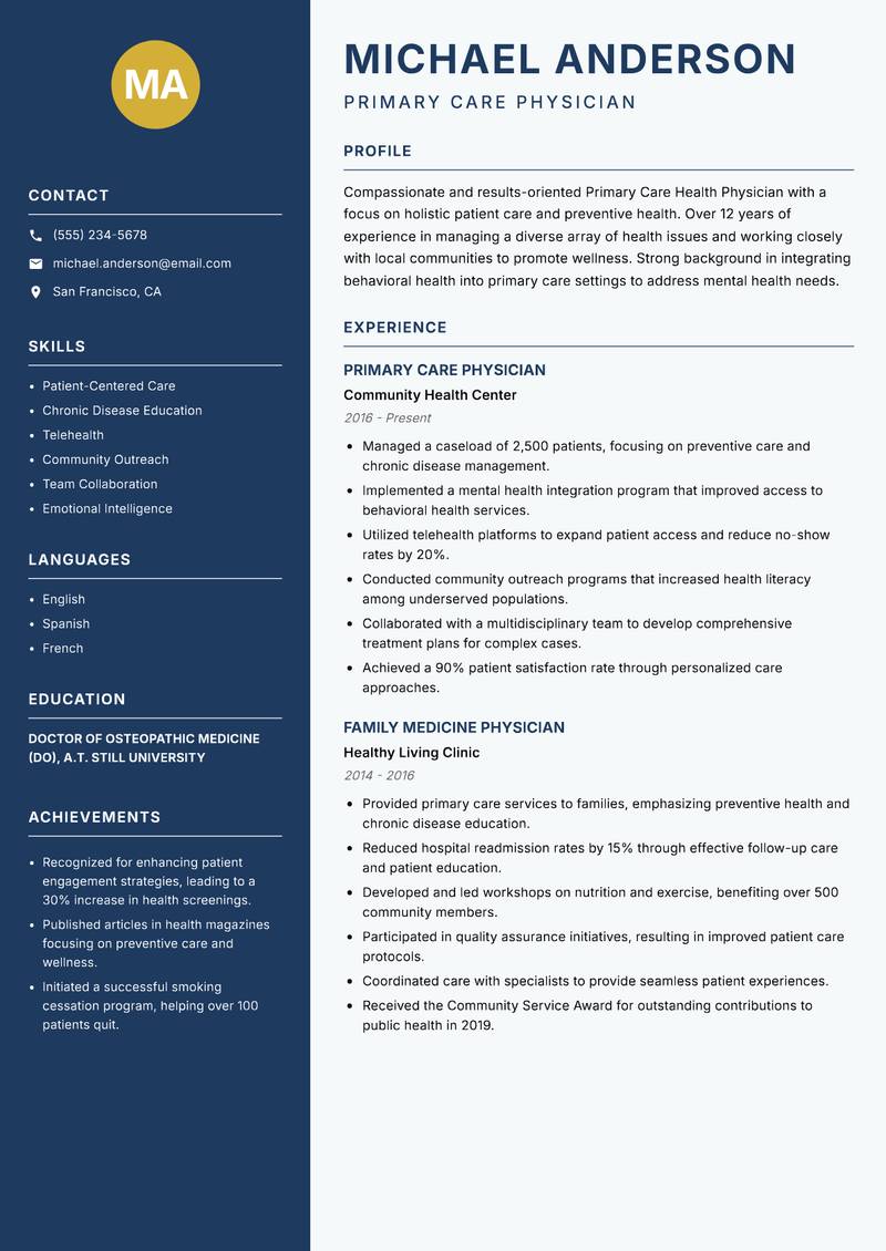 Primary Care Health Physician resume template — Classic Clean