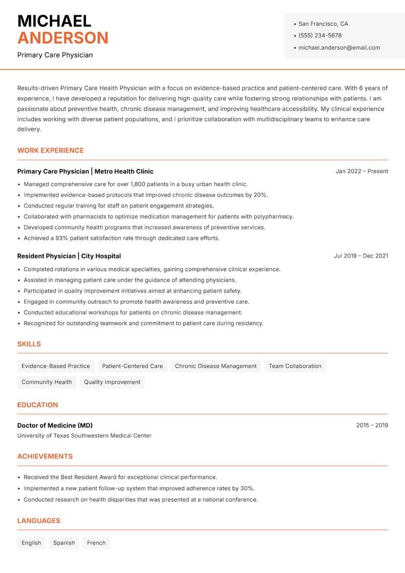 Primary Care Health Physician resume template — Modern Professional