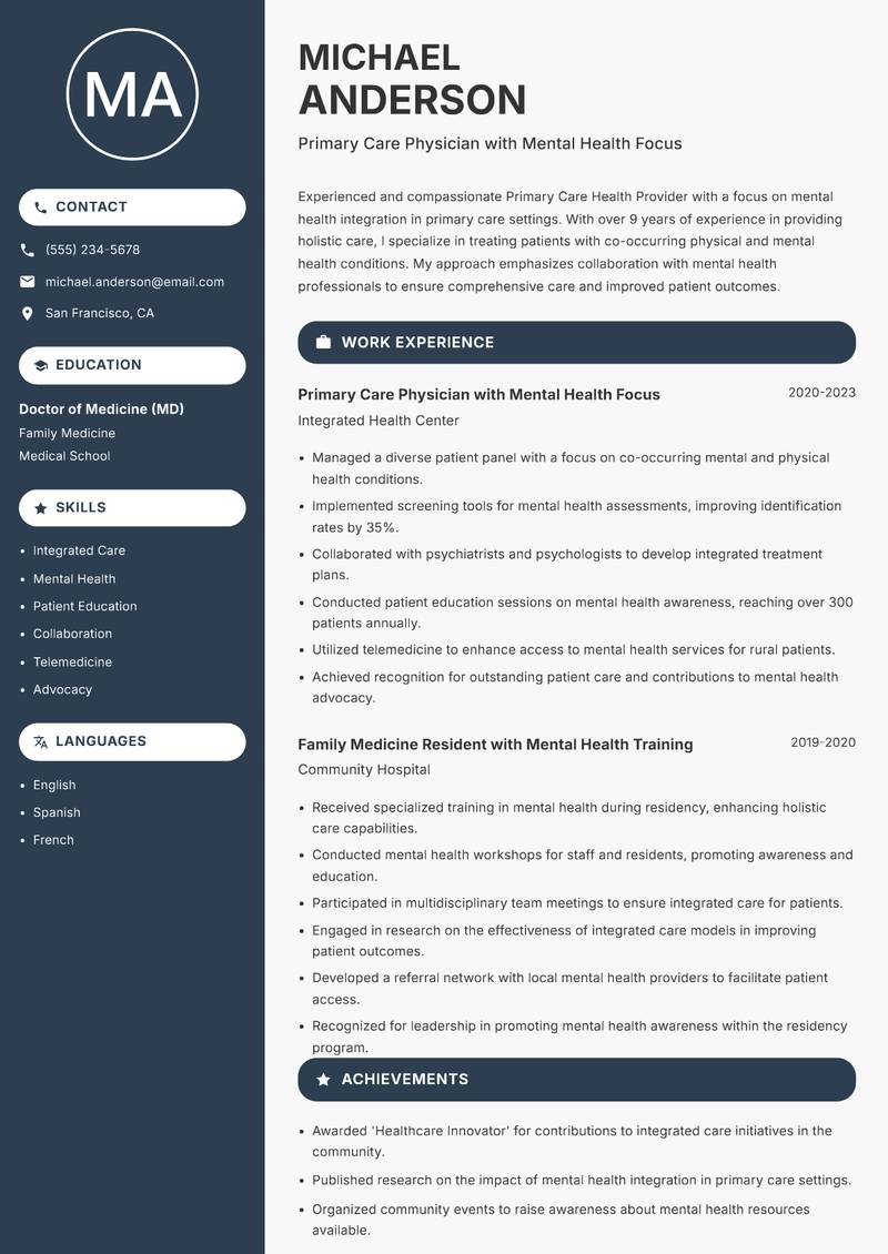 Primary Care Health Provider resume template — Compact