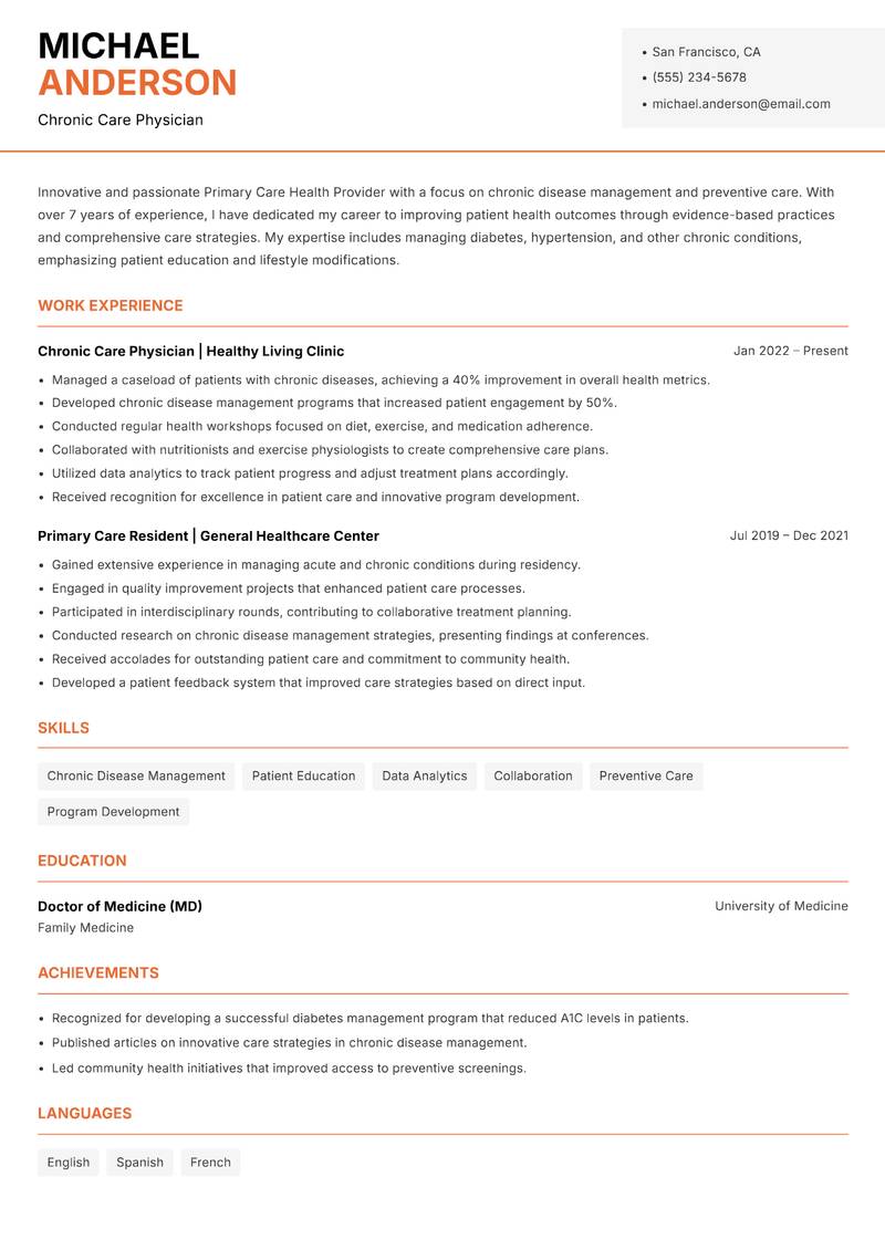 Primary Care Health Provider resume template — Modern Professional