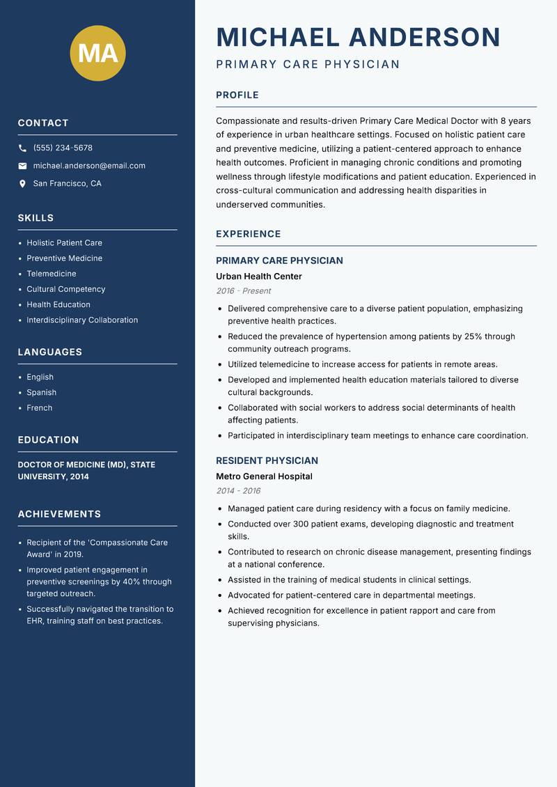 Primary Care Medical Doctor resume template — Classic Clean