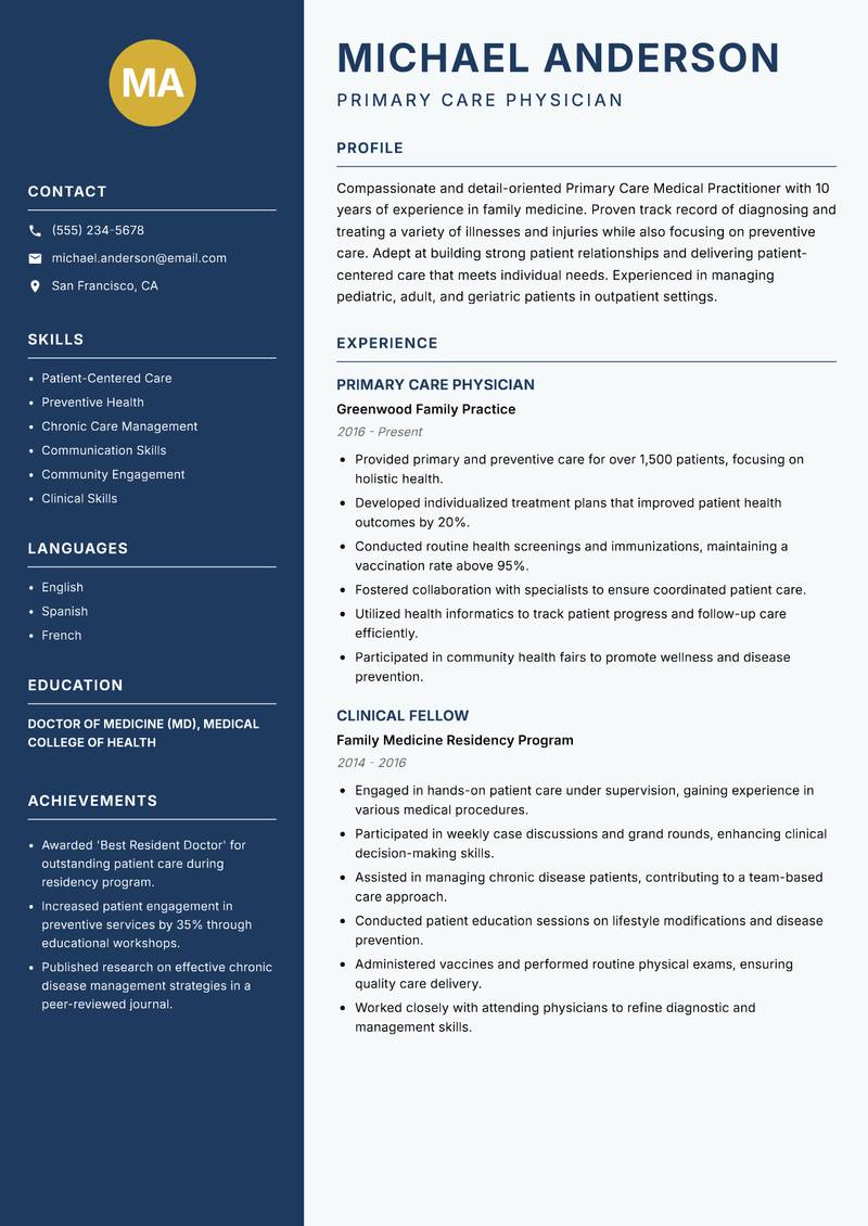 Primary Care Medical Practitioner resume template — Classic Clean