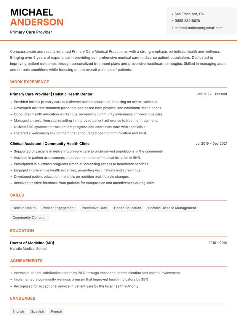 Primary Care Medical Practitioner resume template — Modern Professional