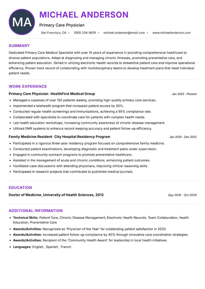 Primary Care Medical Specialist resume example — ATS-friendly template