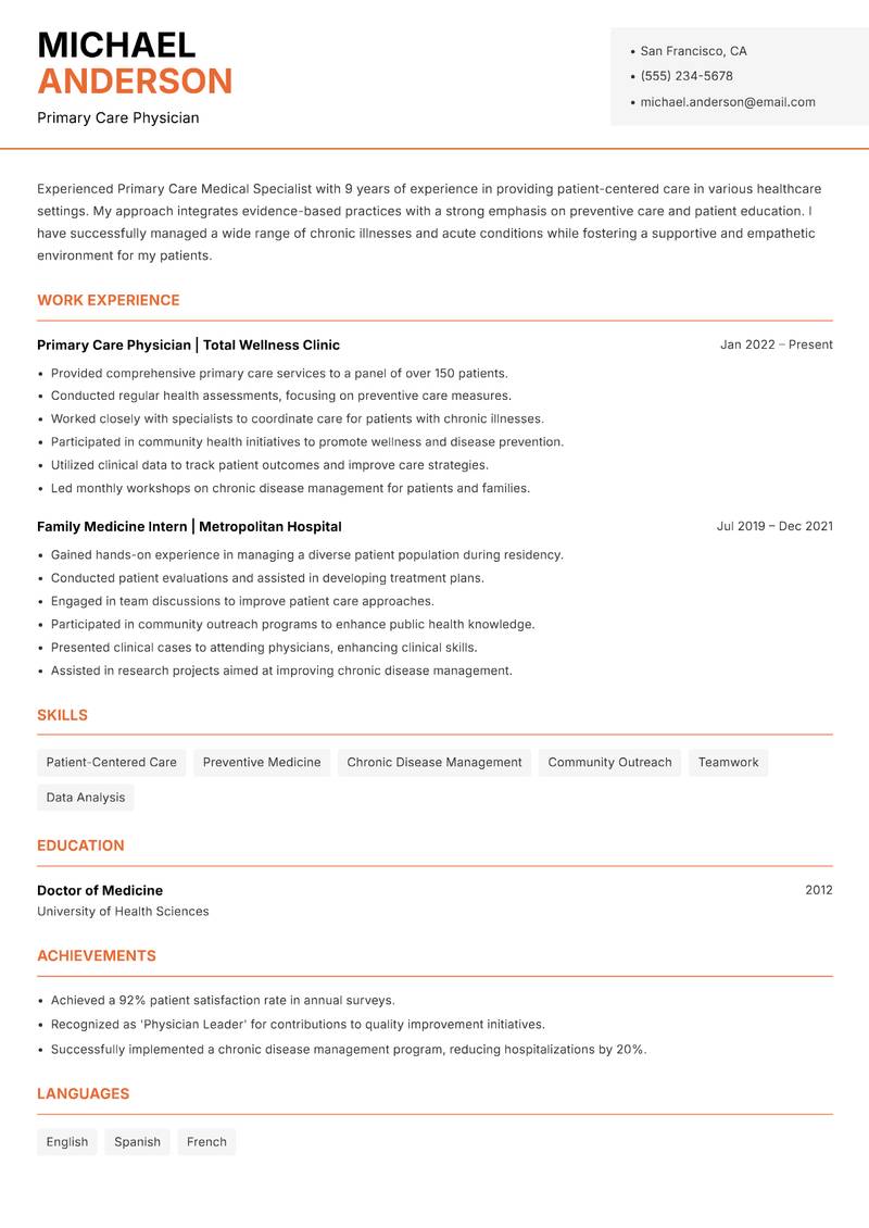 Primary Care Medical Specialist resume template — Modern Professional