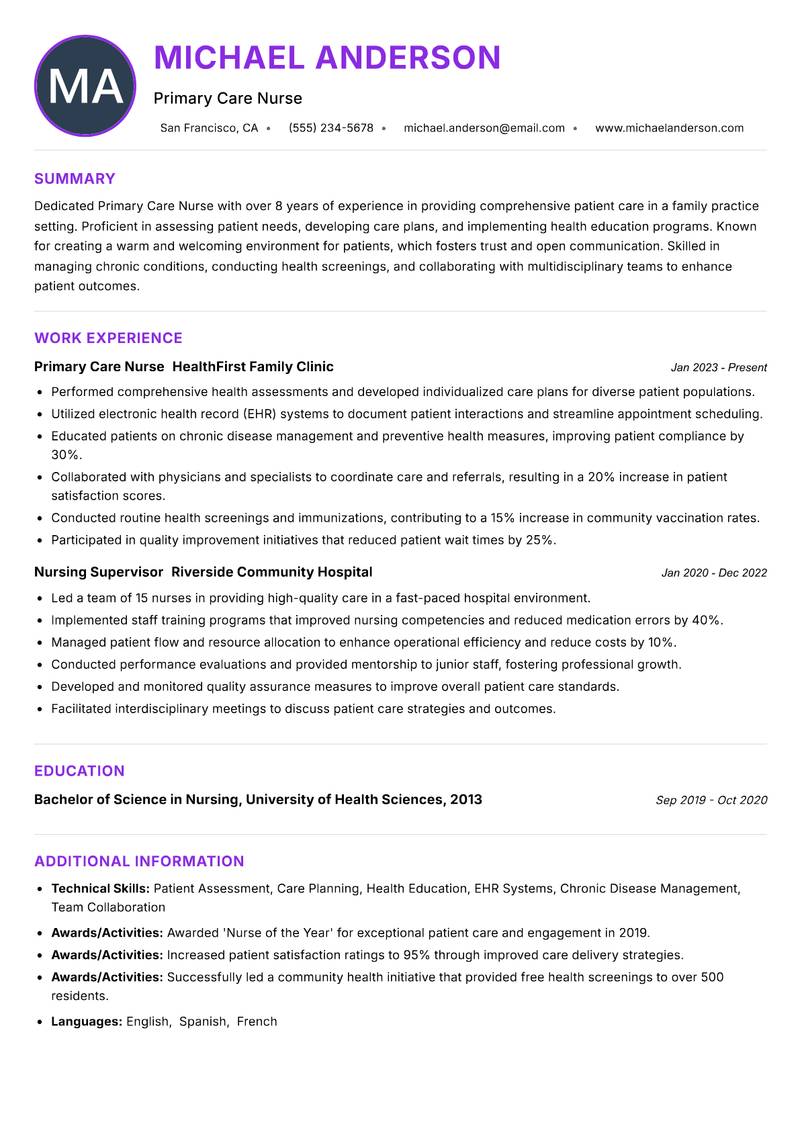 Primary Care Nurse resume example — ATS-friendly template