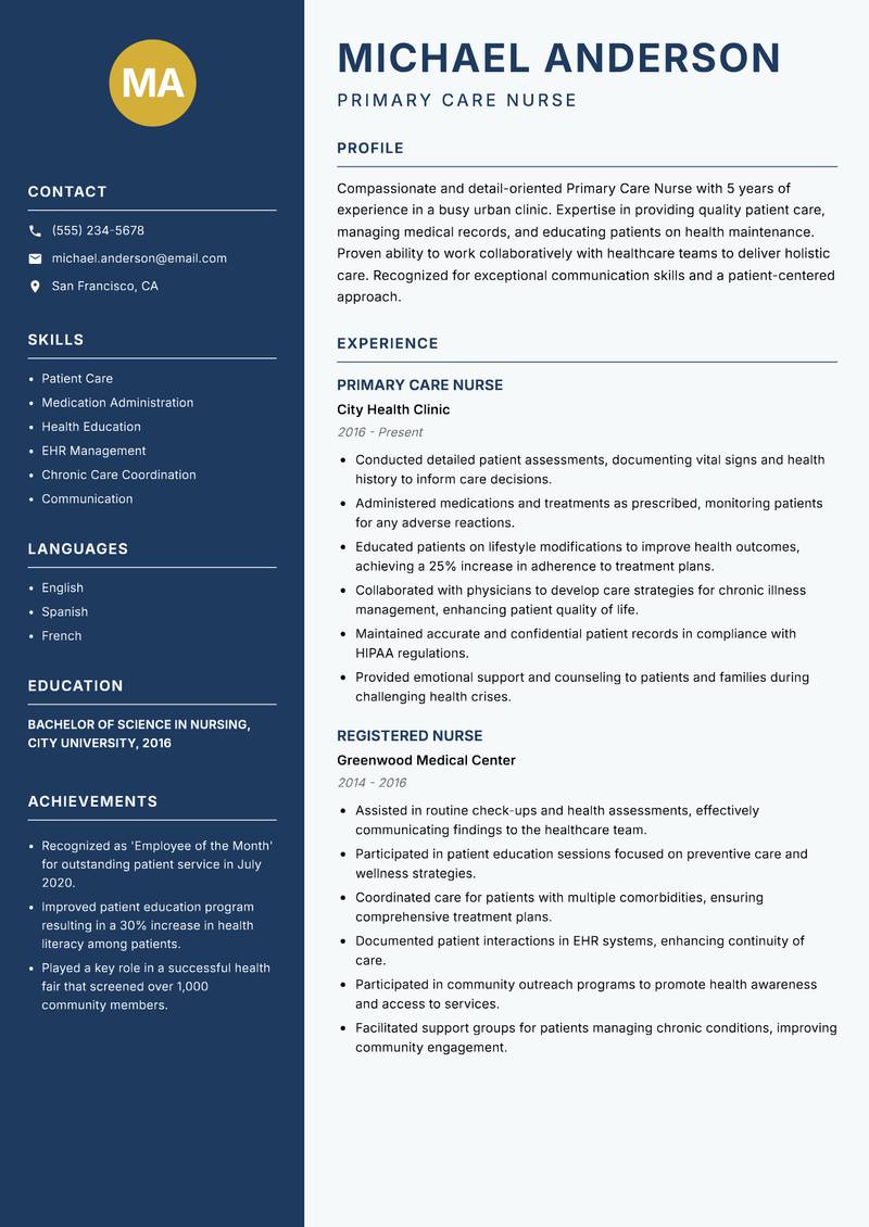 Primary Care Nurse resume template — Classic Clean