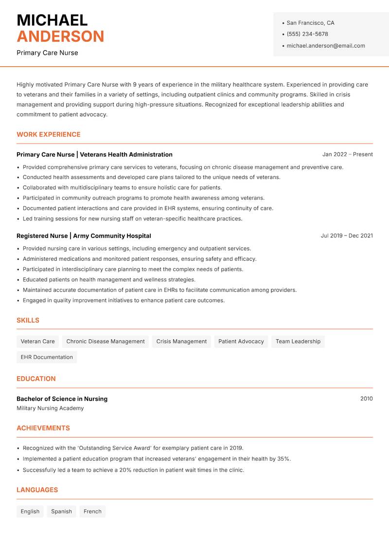 Primary Care Nurse resume template — Modern Professional