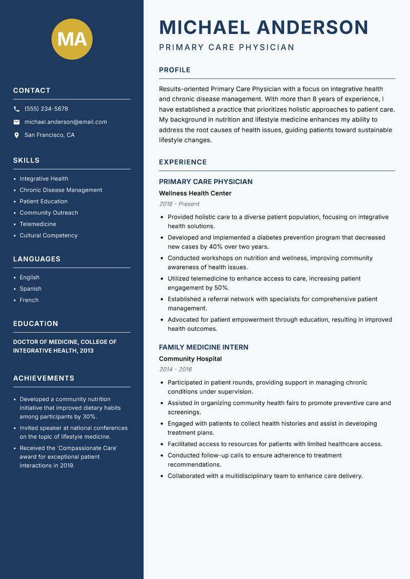 Primary Care Physician resume template — Classic Clean