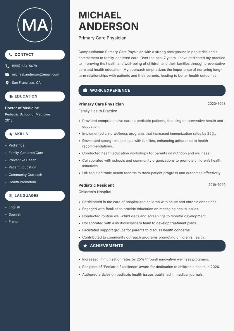 Primary Care Physician resume template — Compact