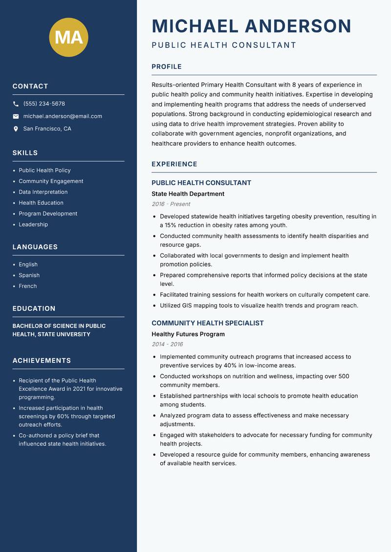 Primary Health Consultant resume template — Classic Clean