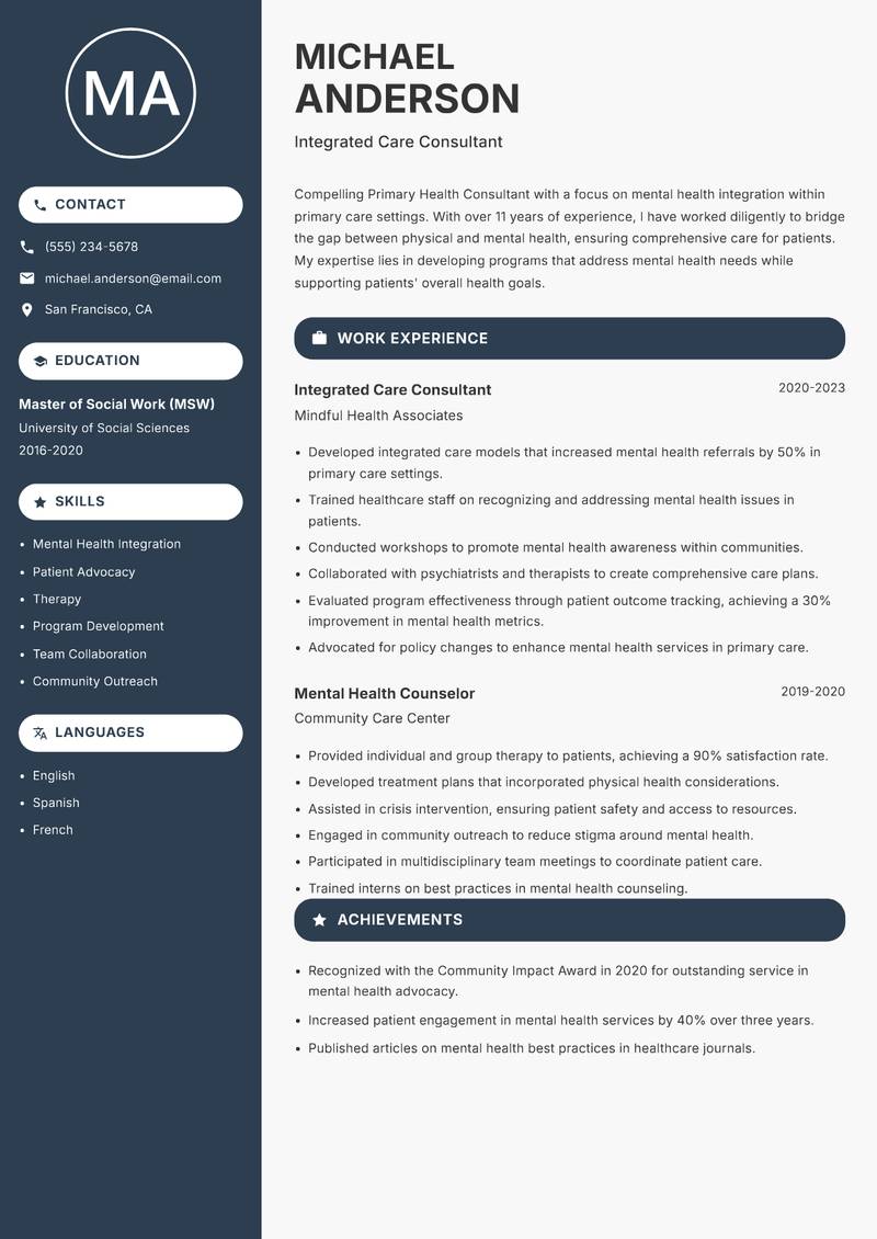 Primary Health Consultant resume template — Compact