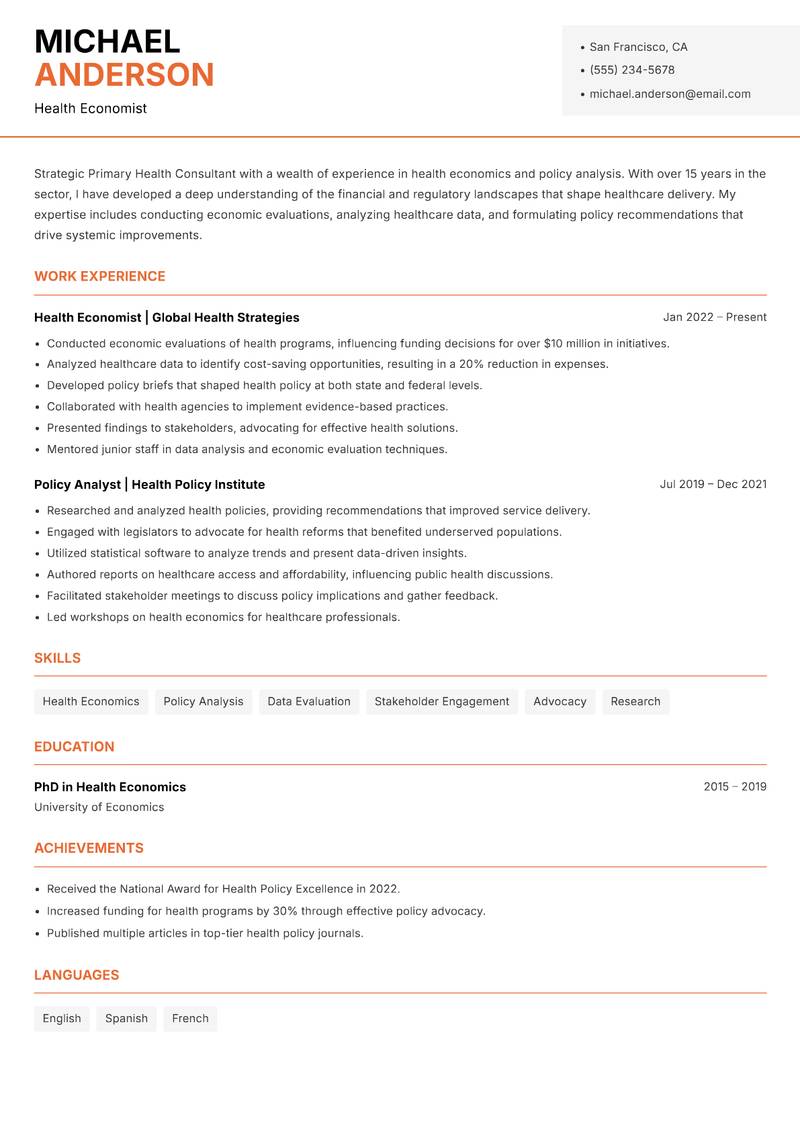Primary Health Consultant resume template — Modern Professional