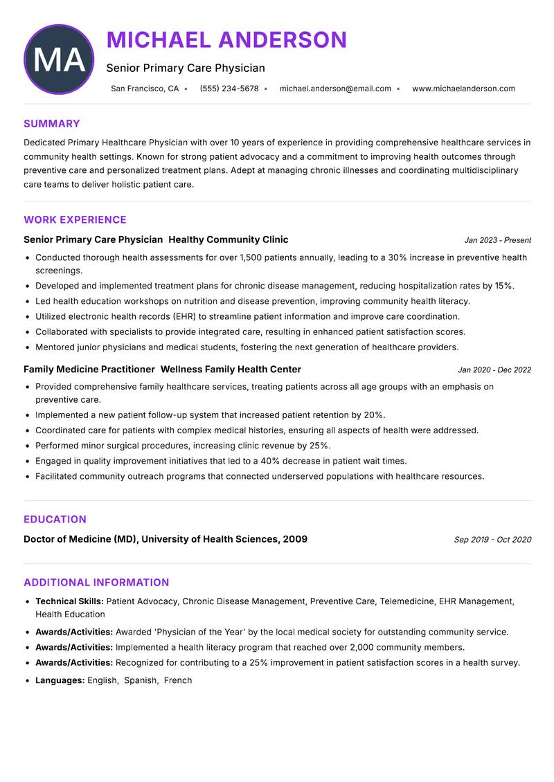 Primary Healthcare Physician resume example — ATS-friendly template