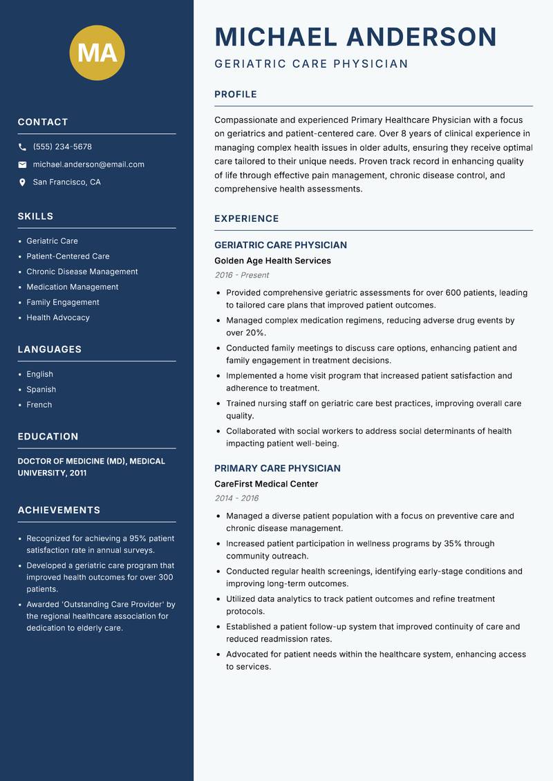 Primary Healthcare Physician resume template — Classic Clean