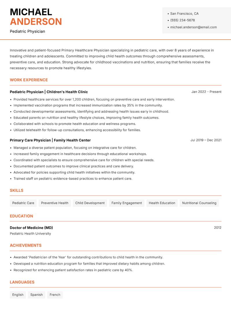 Primary Healthcare Physician resume template — Modern Professional