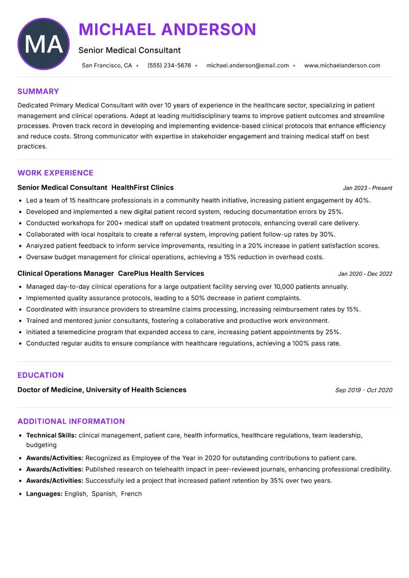 Primary Medical Consultant resume example — ATS-friendly template