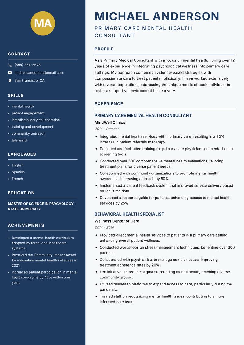 Primary Medical Consultant resume template — Classic Clean