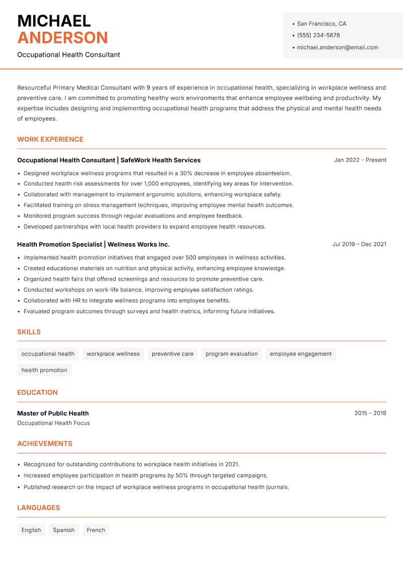 Primary Medical Consultant resume template — Modern Professional