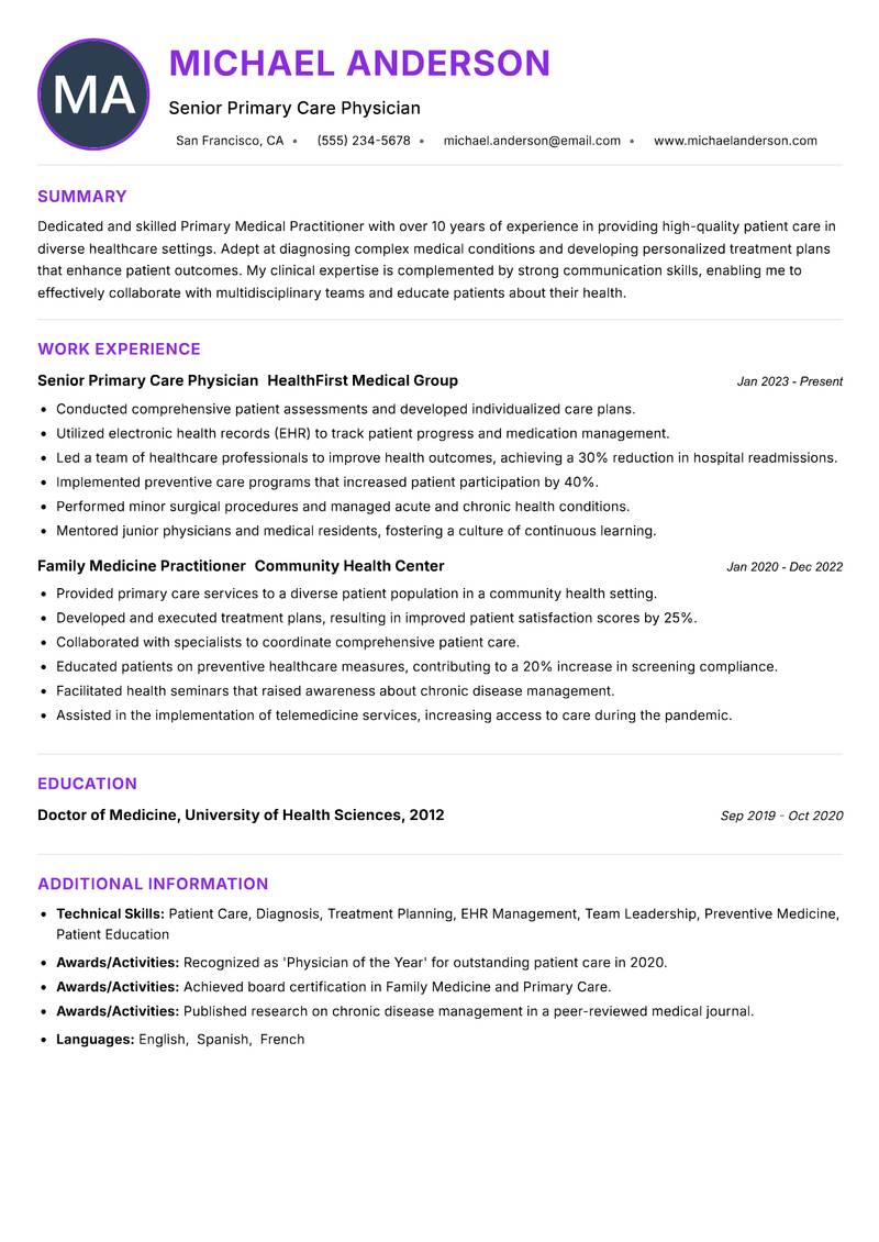 Primary Medical Practitioner resume example — ATS-friendly template