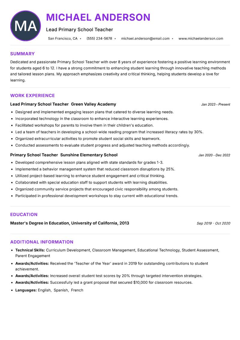 Primary School Teacher resume example — ATS-friendly template