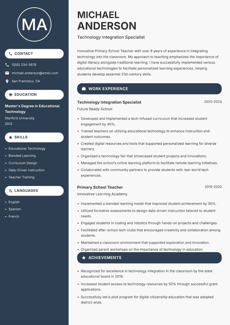 Primary School Teacher resume template — Compact