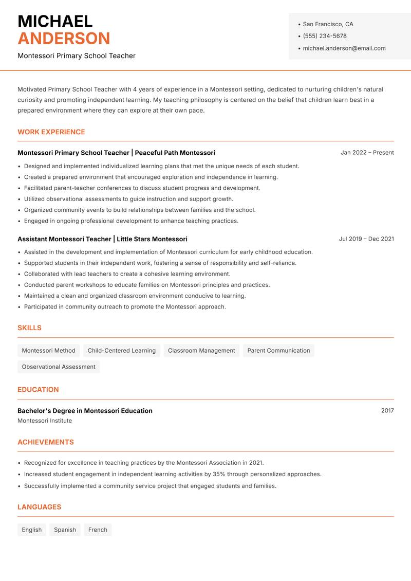 Primary School Teacher resume template — Modern Professional