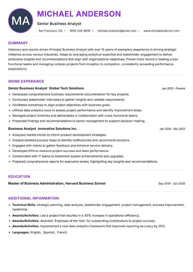 Principal Business Analyst resume example — ATS-friendly template