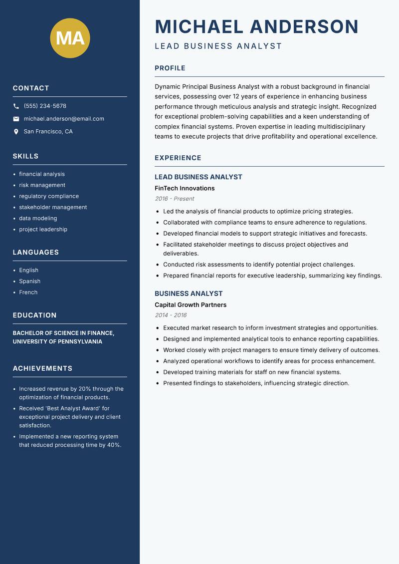 Principal Business Analyst resume template — Classic Clean