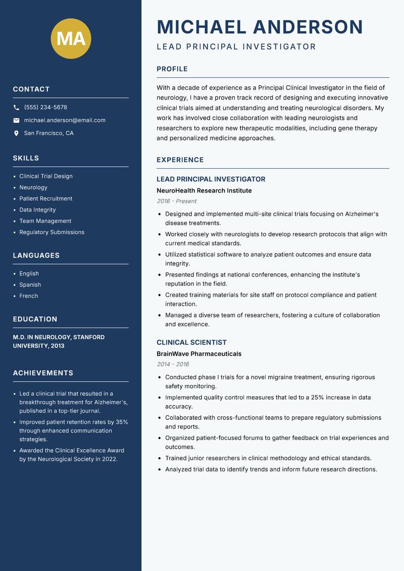 Principal Clinical Investigator resume template — Classic Clean