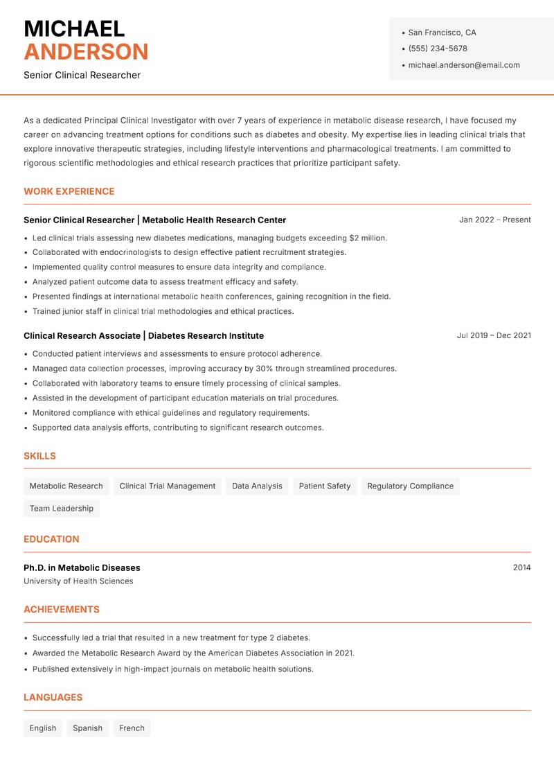 Principal Clinical Investigator resume template — Modern Professional