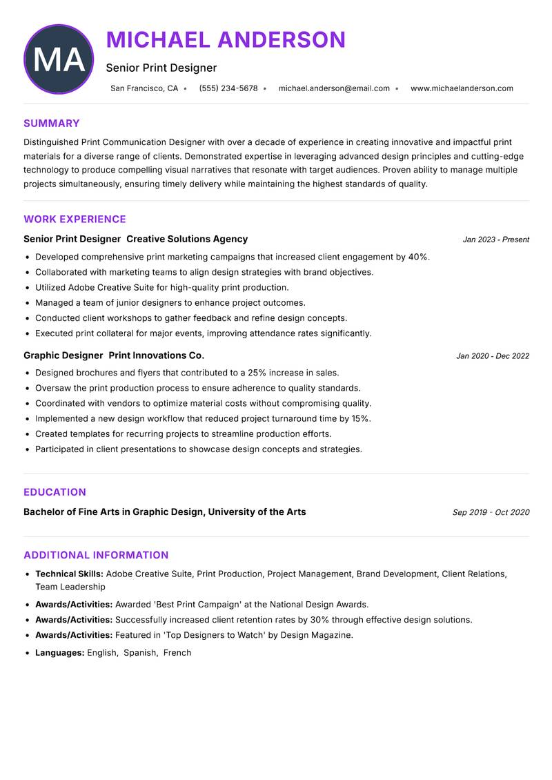 Print Communication Designer resume example — ATS-friendly template