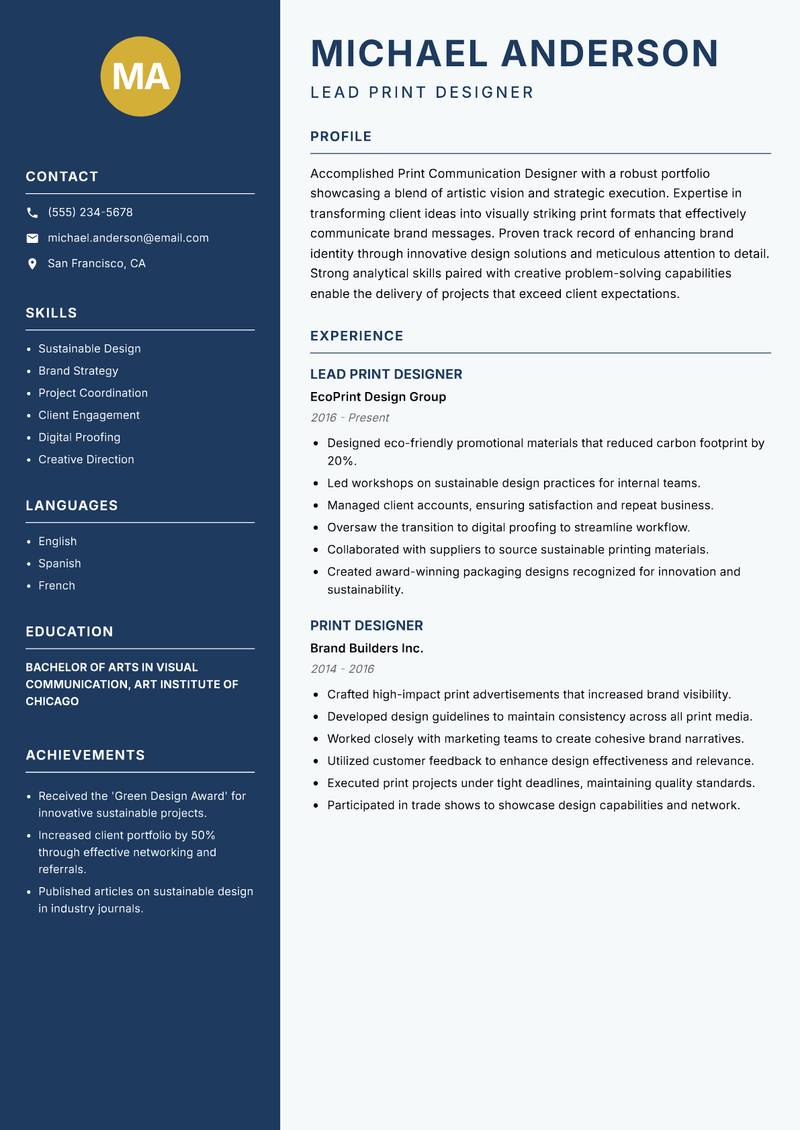 Print Communication Designer resume template — Classic Clean