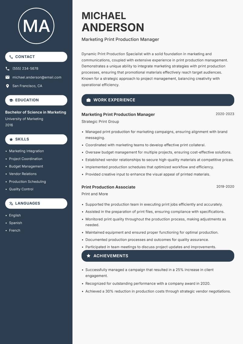 Print Production Specialist resume template — Compact