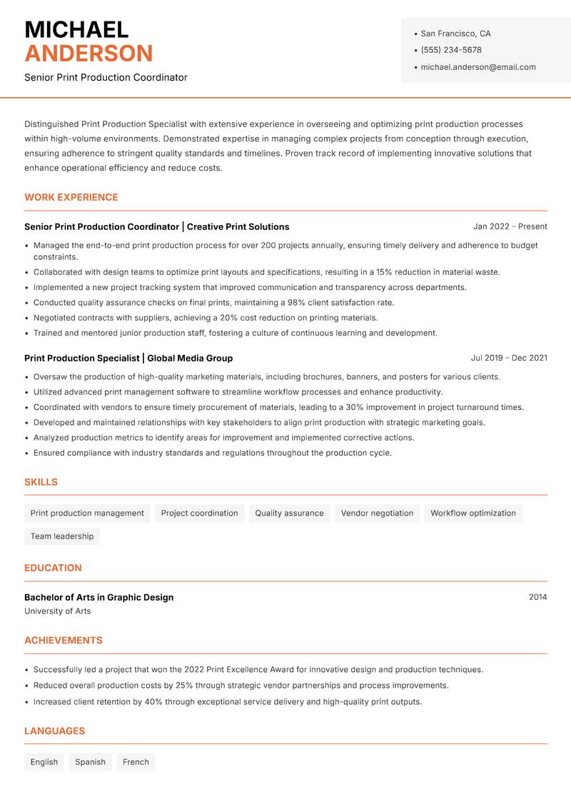 Print Production Specialist resume template — Modern Professional