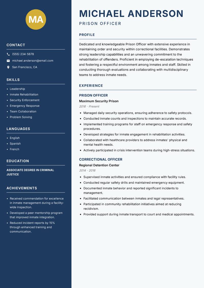 Prison Officer resume template — Classic Clean